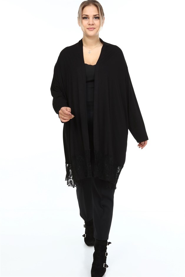 Eteği Dantelli Büyük Beden Hırka Siyah