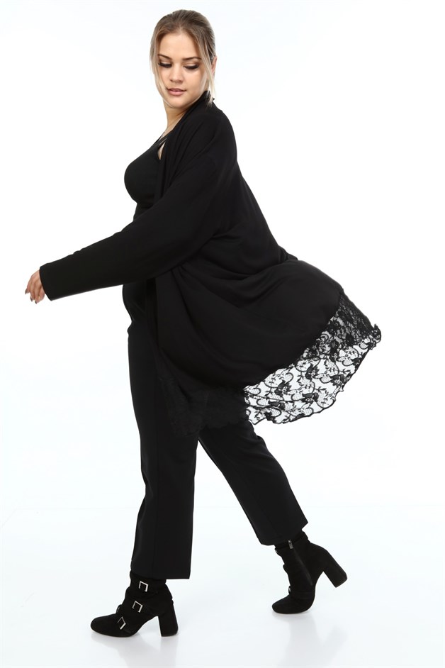 Eteği Dantelli Büyük Beden Hırka Siyah