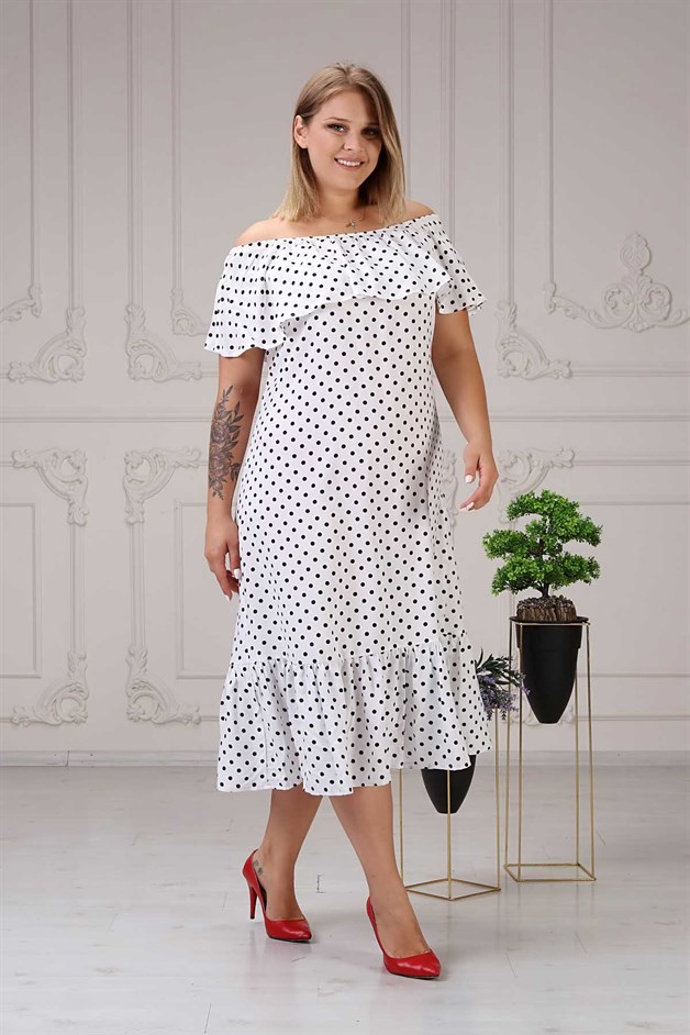 Madonna Yaka Puantiyeli Büyük Beden Elbise Beyaz