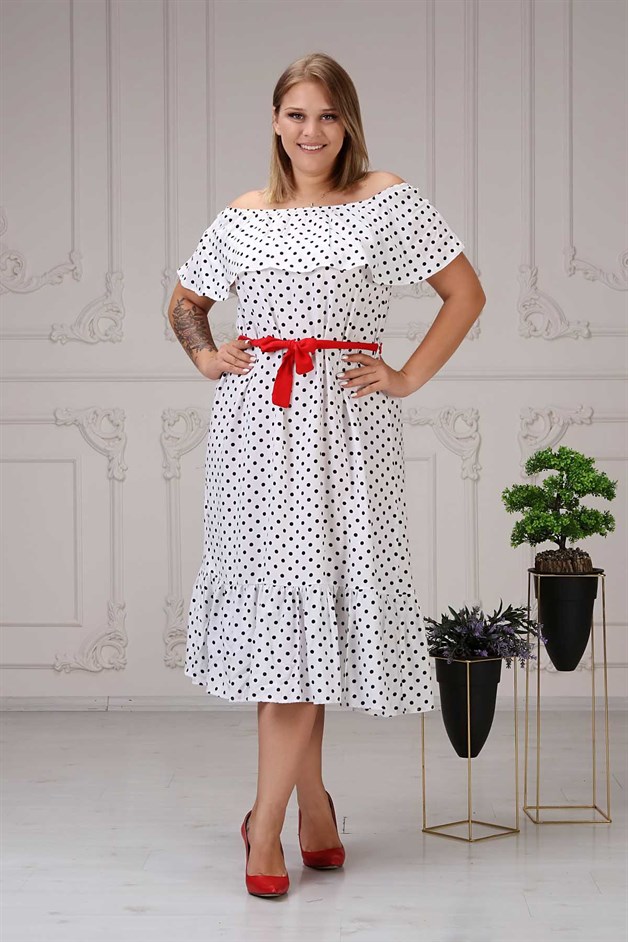 Madonna Yaka Puantiyeli Büyük Beden Elbise Beyaz