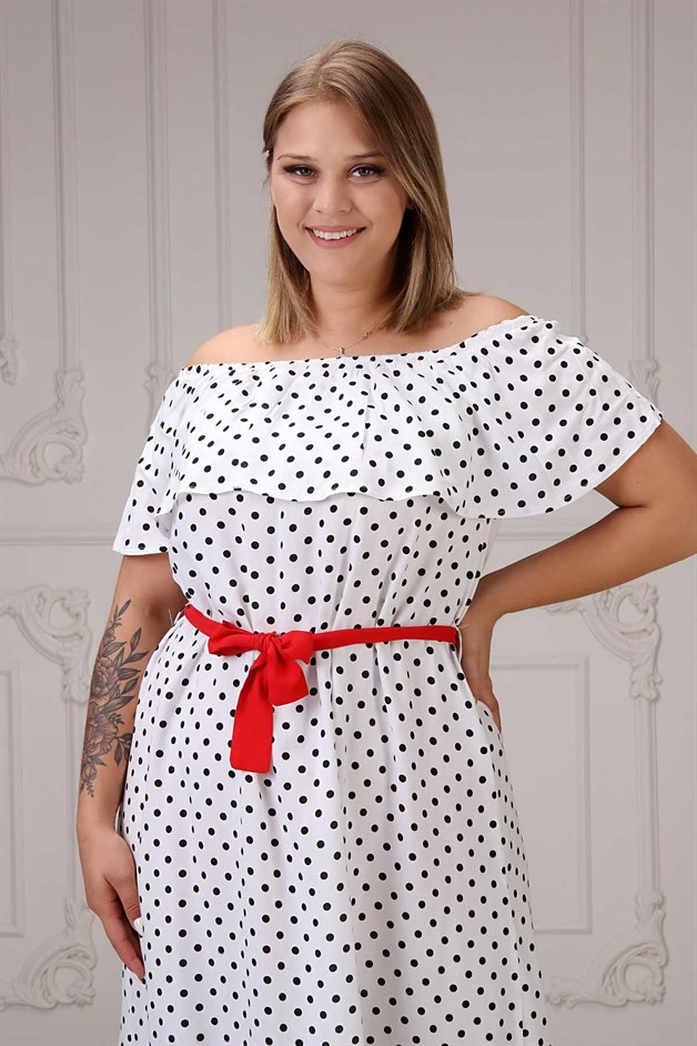 Madonna Yaka Puantiyeli Büyük Beden Elbise Beyaz