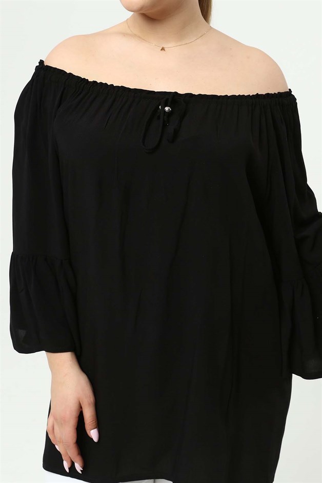 Yakası Lastikli Volankol Büyük Beden Tunik Siyah