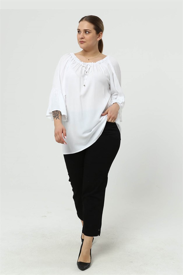 Yakası Lastikli Volankol Büyük Beden Tunik Beyaz