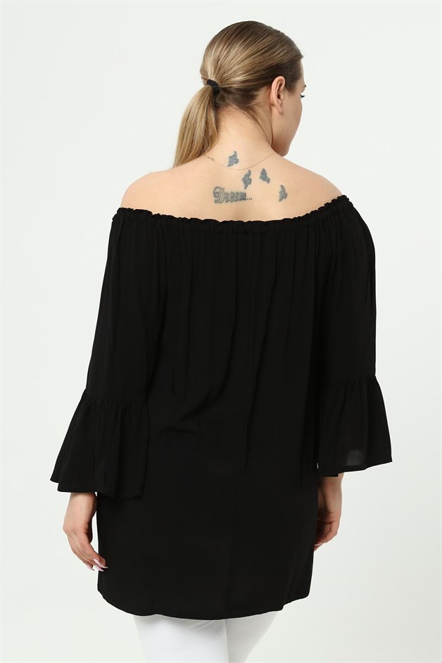 Yakası Lastikli Volankol Büyük Beden Tunik Siyah