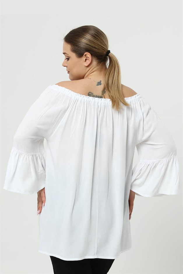 Yakası Lastikli Volankol Büyük Beden Tunik Beyaz