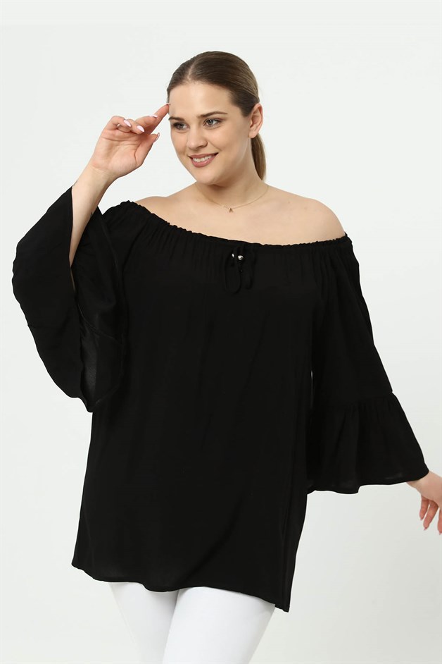 Yakası Lastikli Volankol Büyük Beden Tunik Siyah