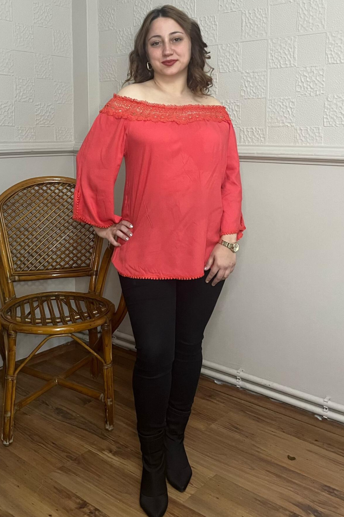 Dantel Yakalı Büyük Beden Bluz Mercan