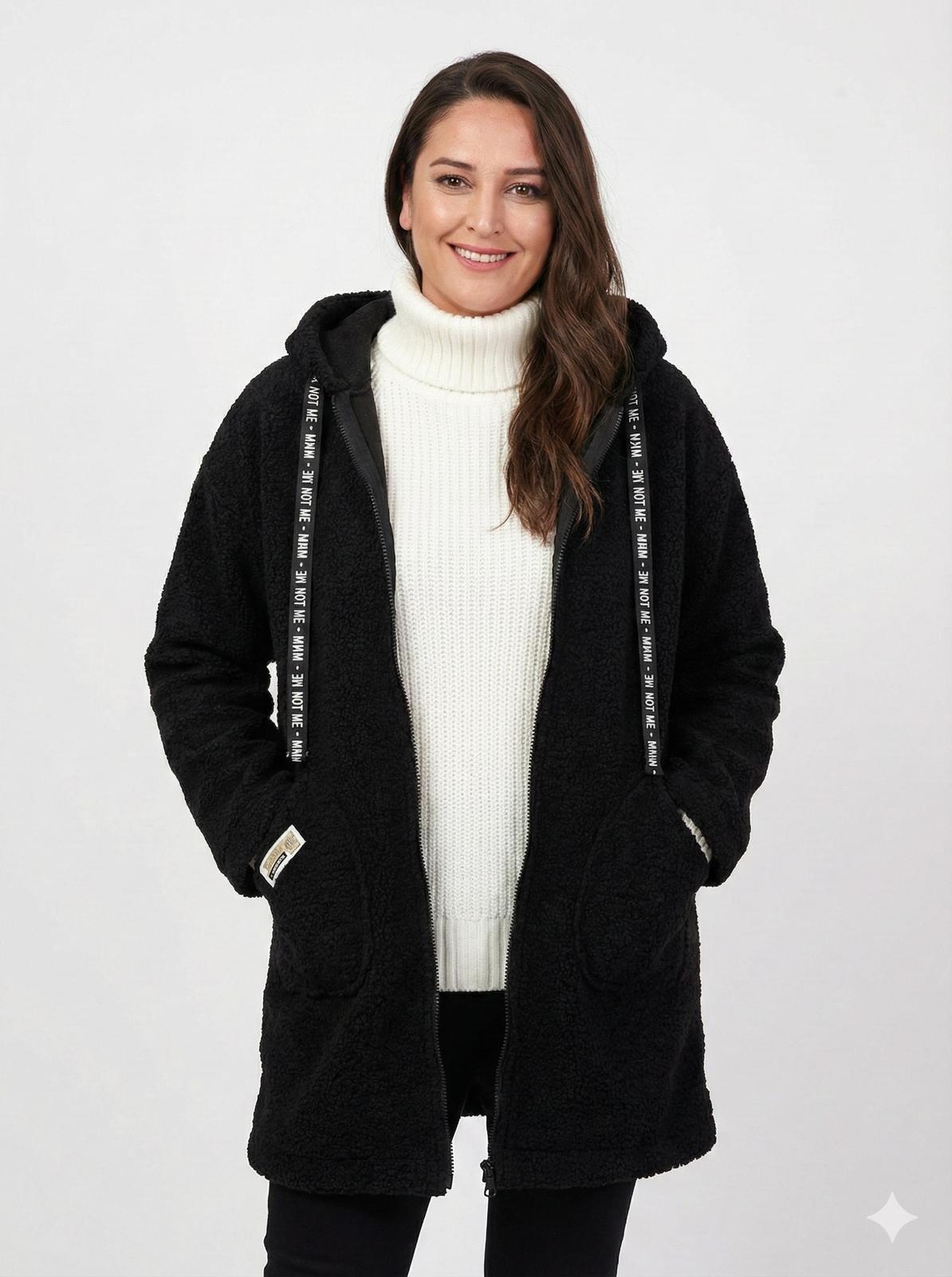 KAPÜŞONLU BUKLET BÜYÜK BEDEN  DİZ ÜSTÜ MONT Siyah