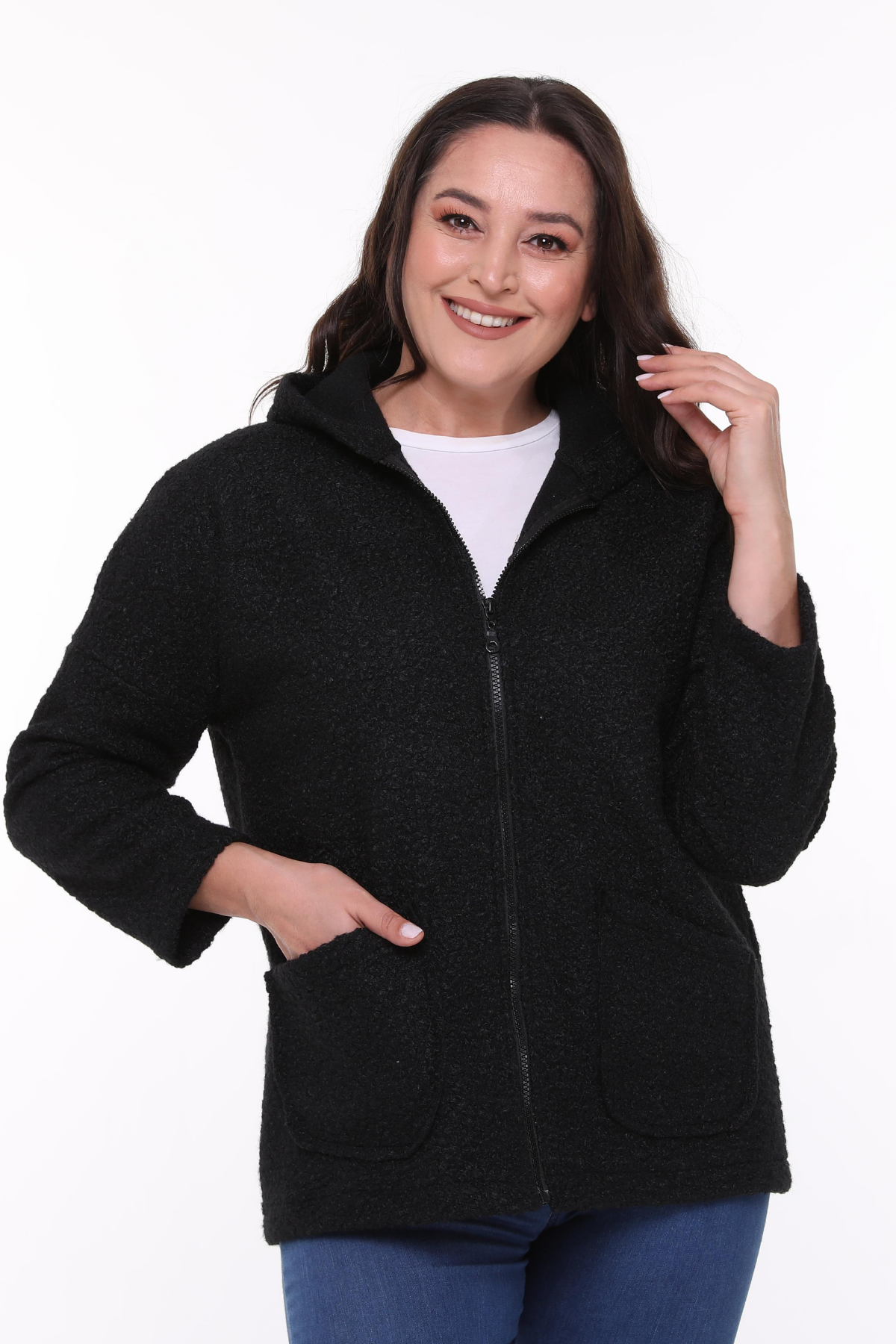 Kapüşonlu Buklet Büyük Beden Kısa Mont Siyah