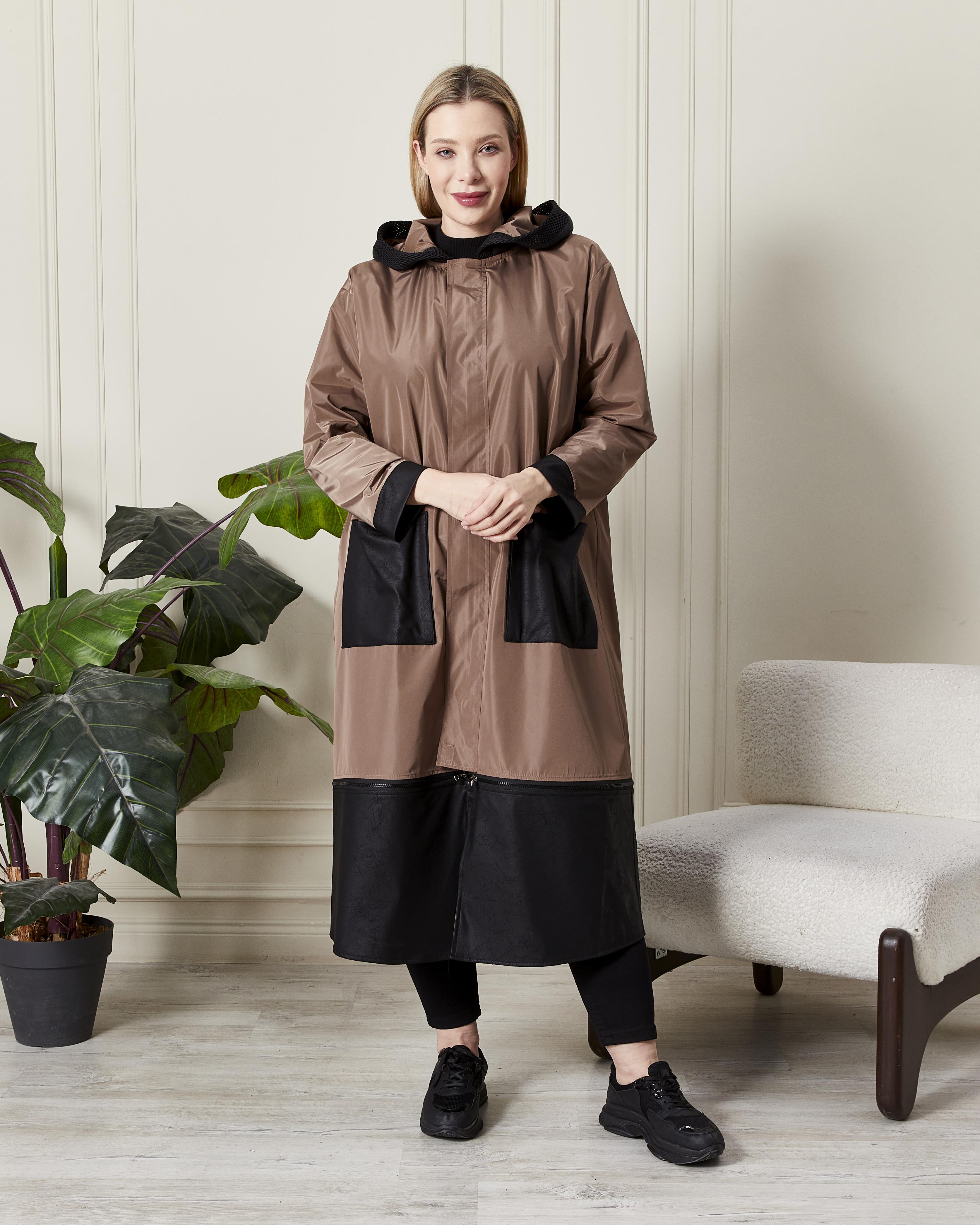 Modern Kesim Kapüşonlu Yağmurluk Vizon