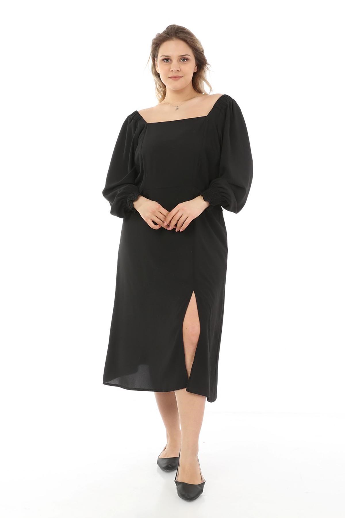 Yırtmaçlı Balonkol Büyük Beden Elbise Siyah | Zerotantik.com