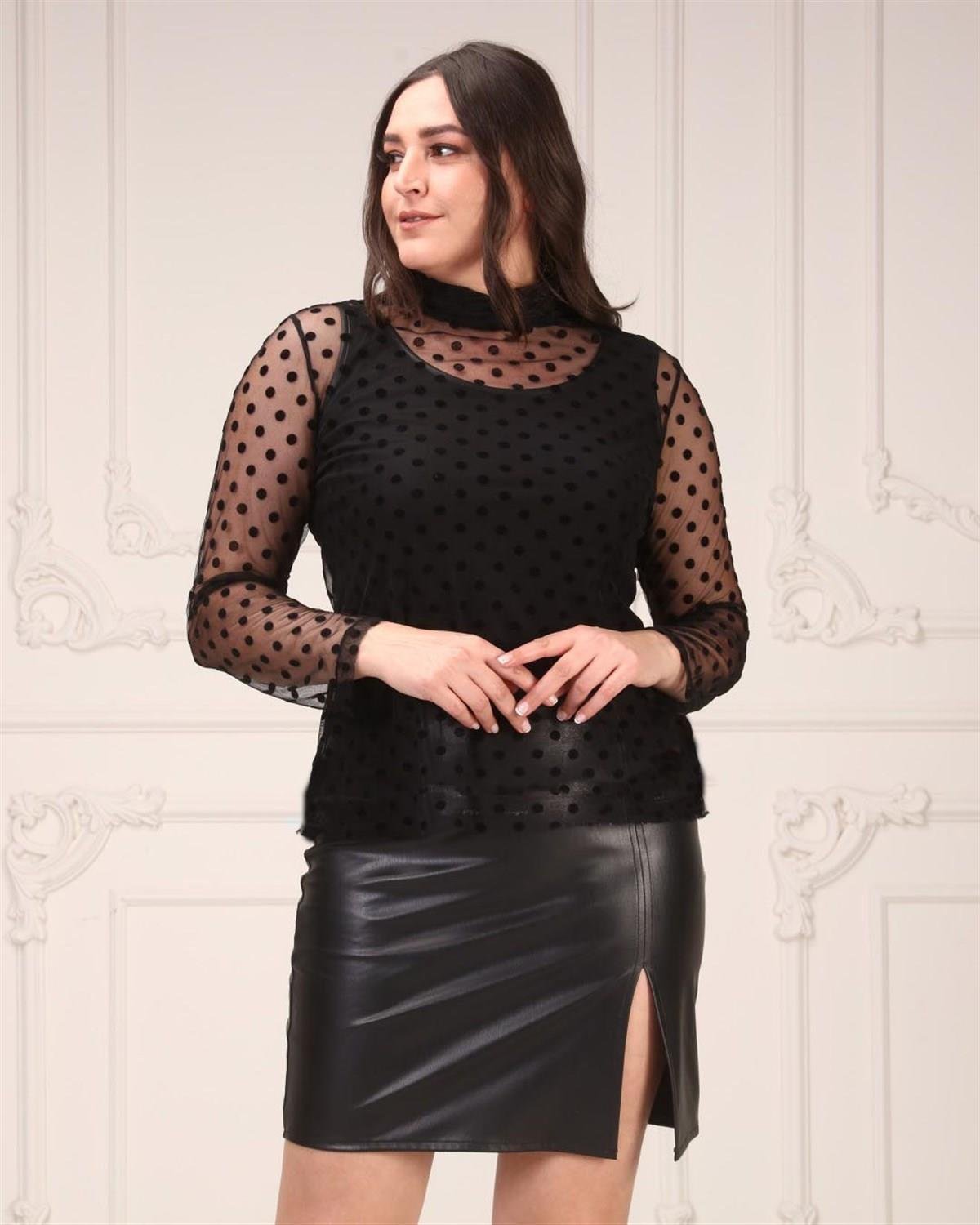 Yırtmaçlı Büyük Beden Deri Etek Siyah