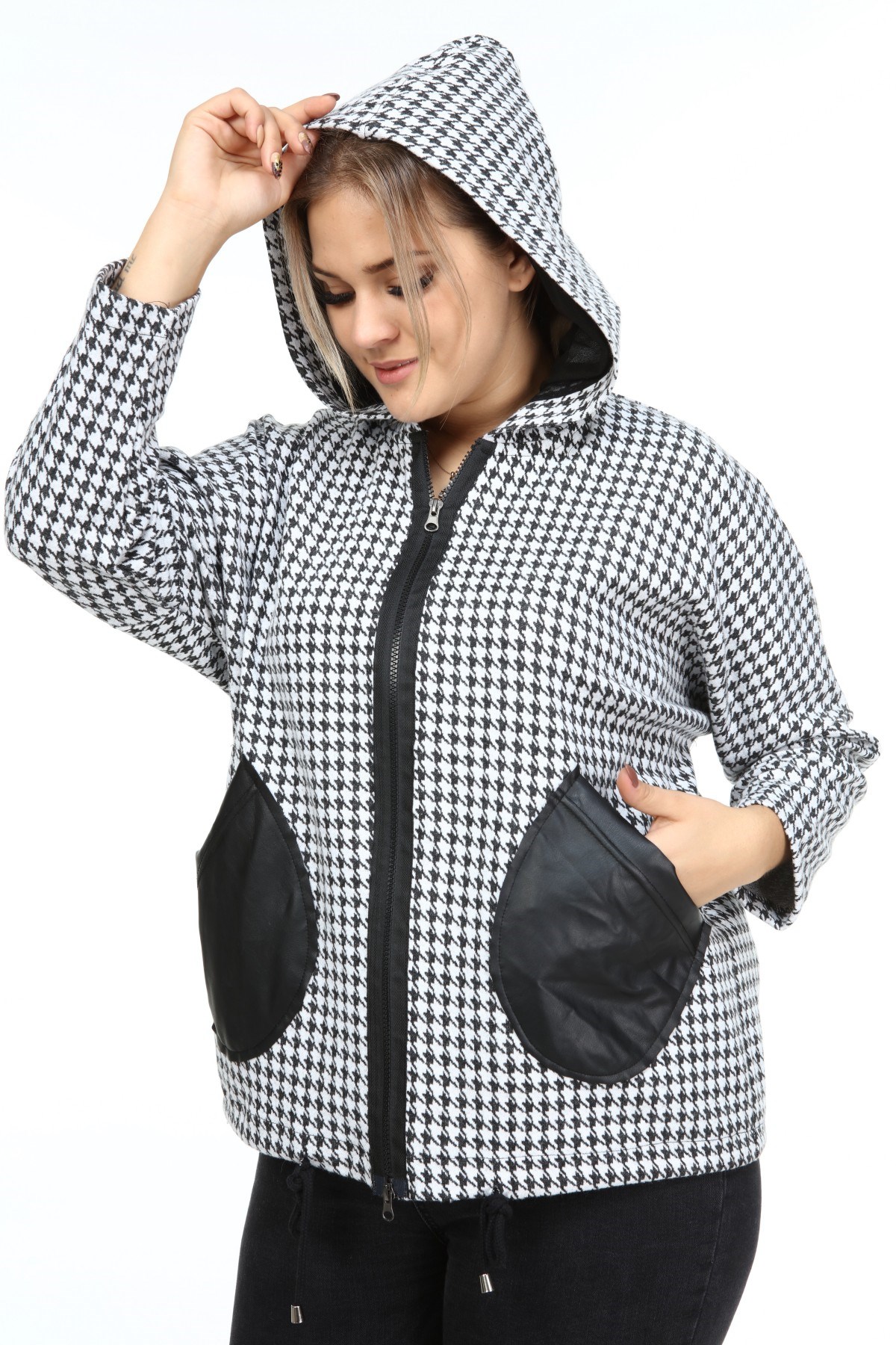 Zerotantik Deri Garnili Kazayağı Büyük Beden Mont Siyah