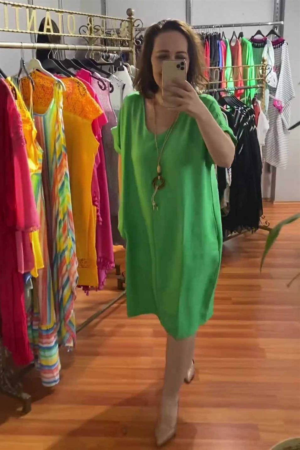 Kolyeli Büyük Beden Keten Ayrobin Elbise Yeşil