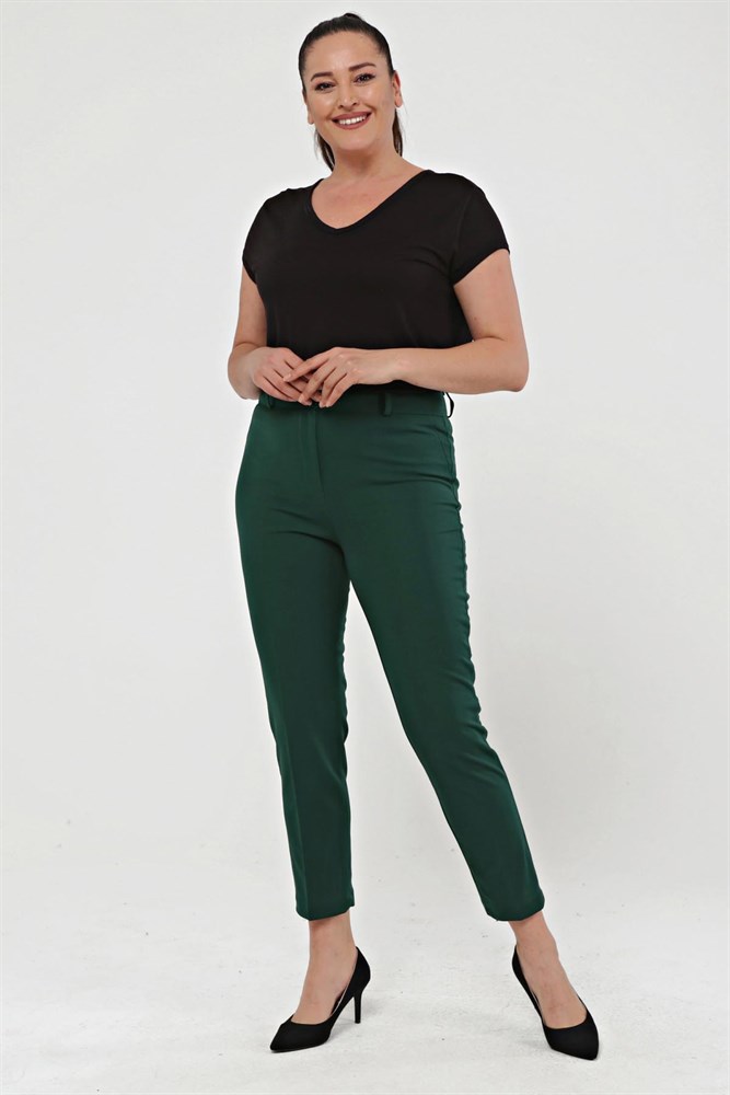 Krep Dar Paça Büyük Beden Pantolon Zümrüt-Yeşili