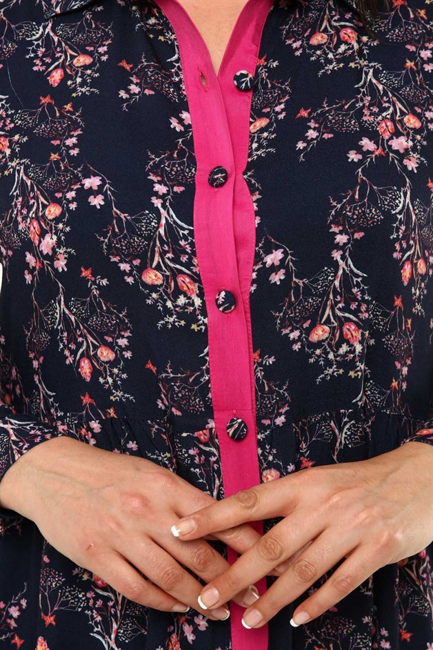 Çiçekli Boydan Düğmeli Büyük Beden Elbise Lacivert