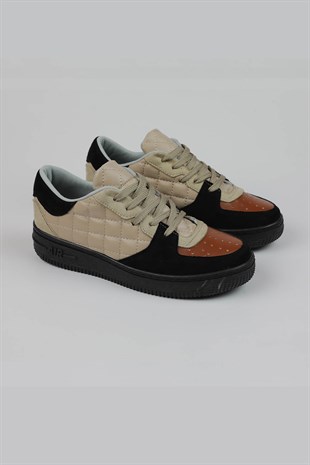 Unisex Gwenliza Air ST Kapitone Siyah Bej Kahve Süet Bağlı Spor Ayakkabı