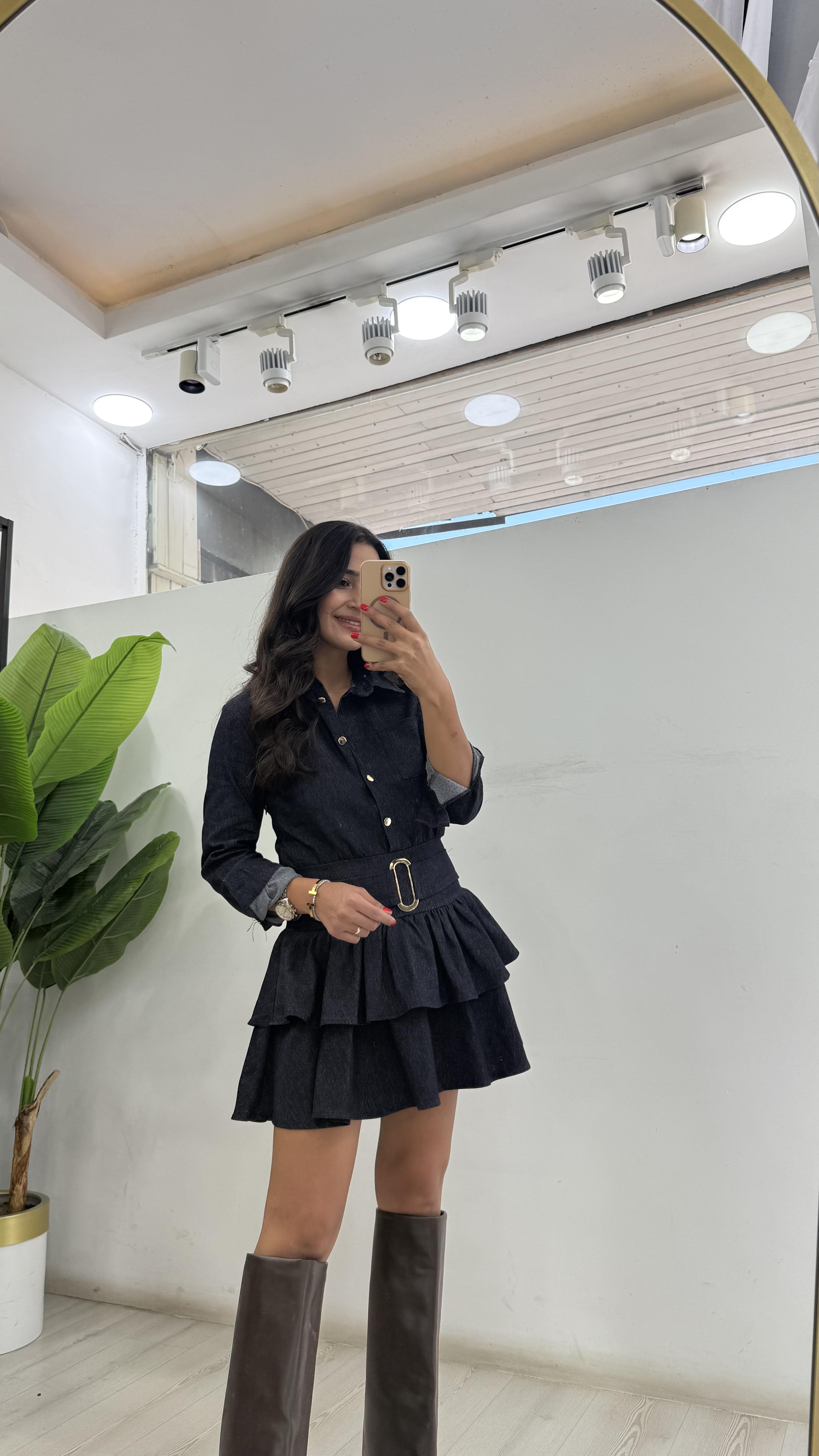 AKSESUAR DETAYLI JEAN ELBİSE 