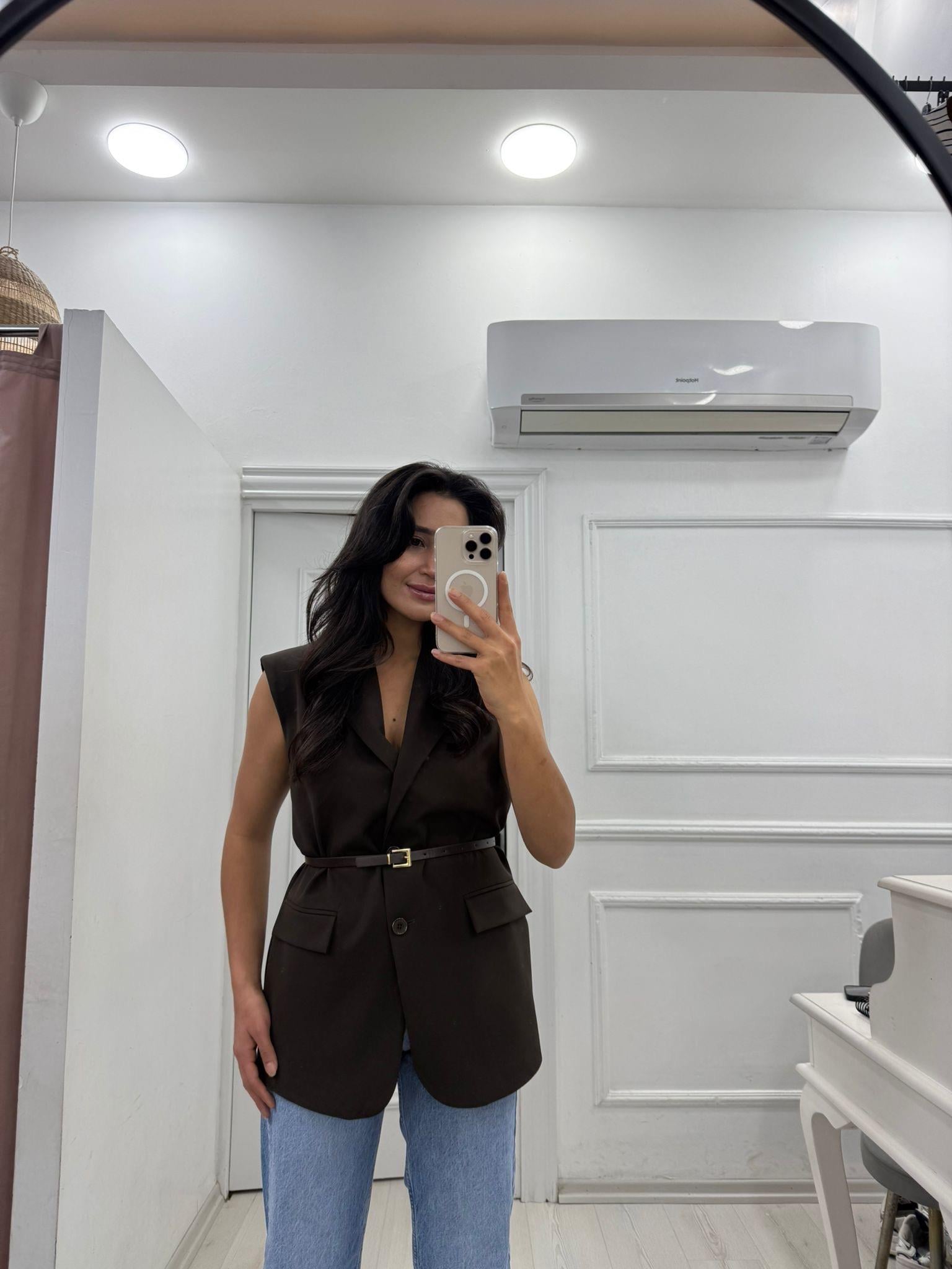 Kemerli Astarlı Yelek Acı Kahve