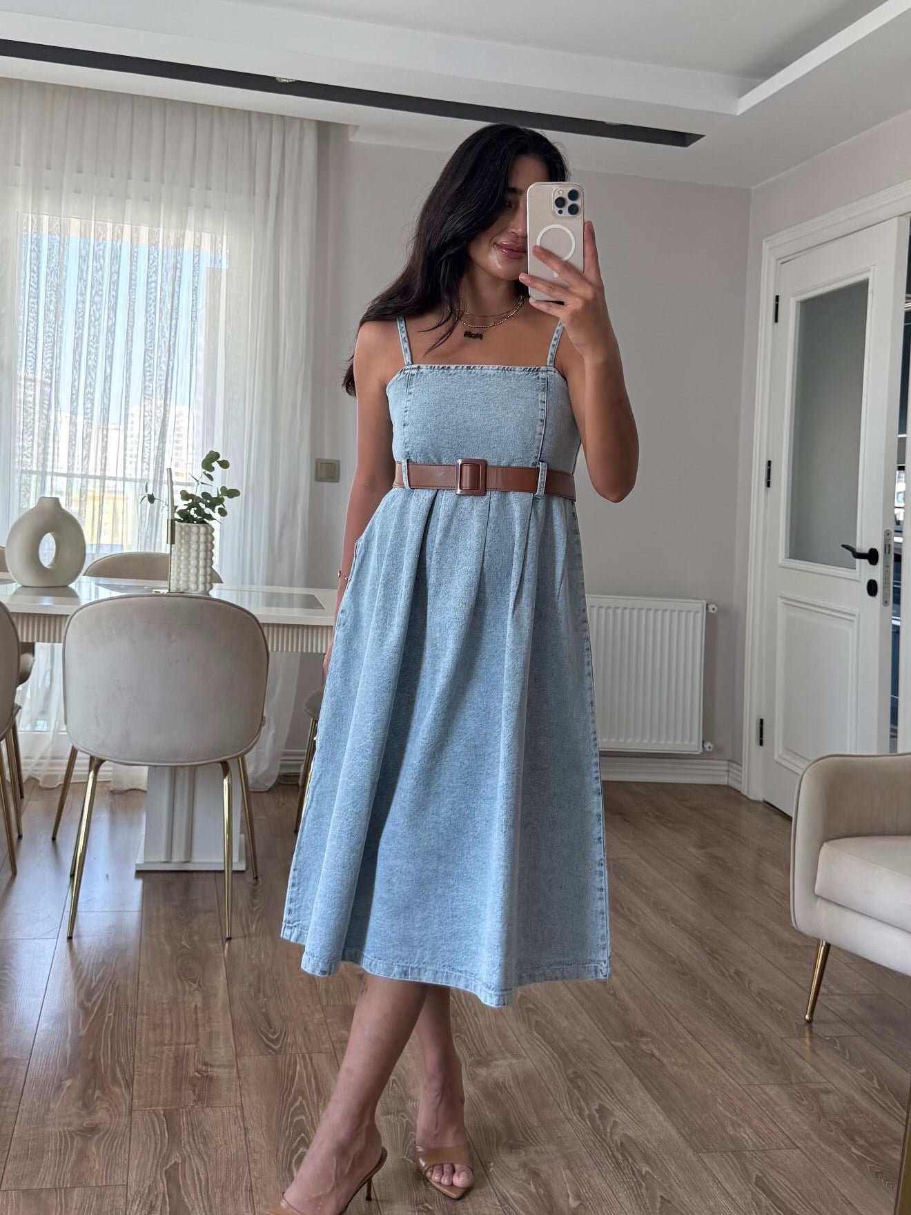 Kemerli Denim Çan Elbise