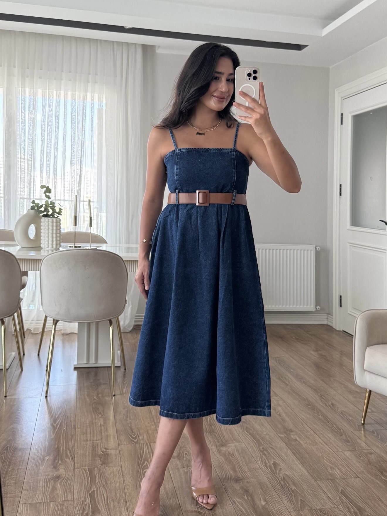 Kemerli Denim Çan Elbise Koyu Renk 
