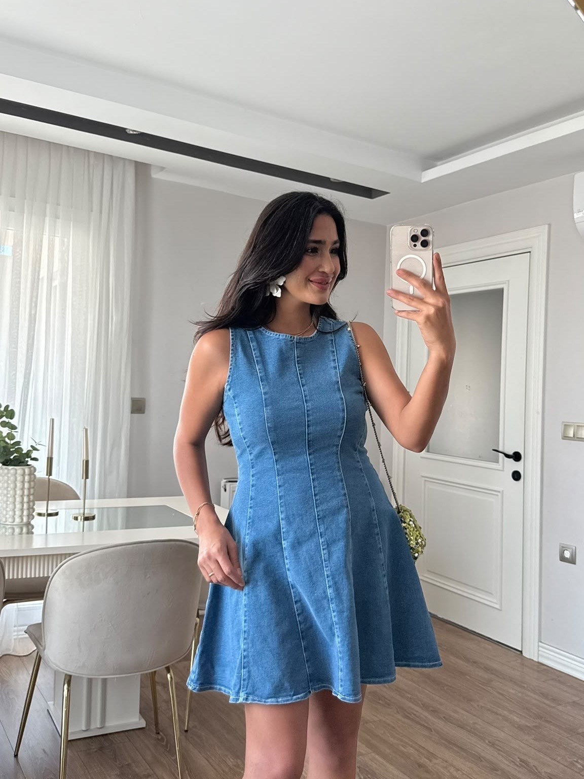 Korse Detaylı Çan Denim Elbise