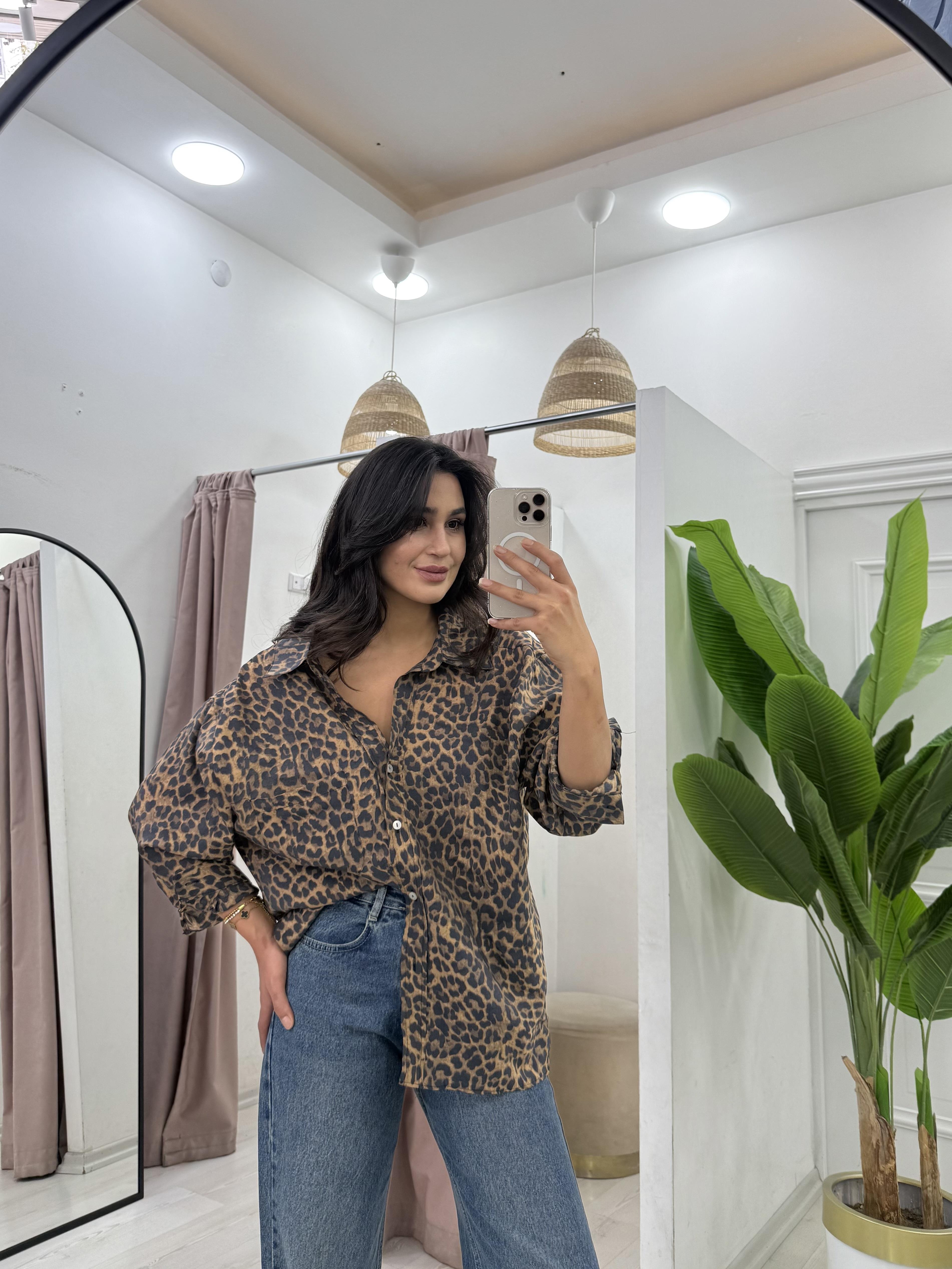 Leopar Desen Düşük Omuz Gömlek