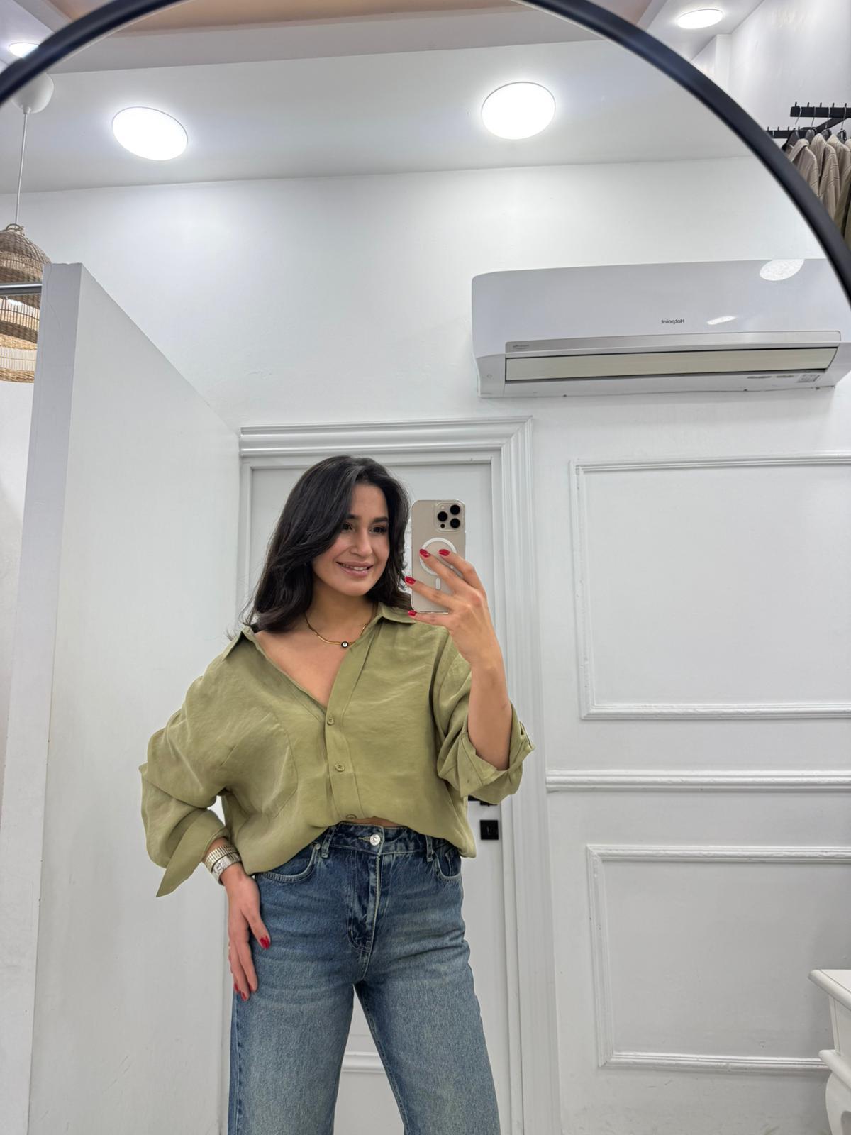 Oversize Düşük Omuz Gömlek Yeşil