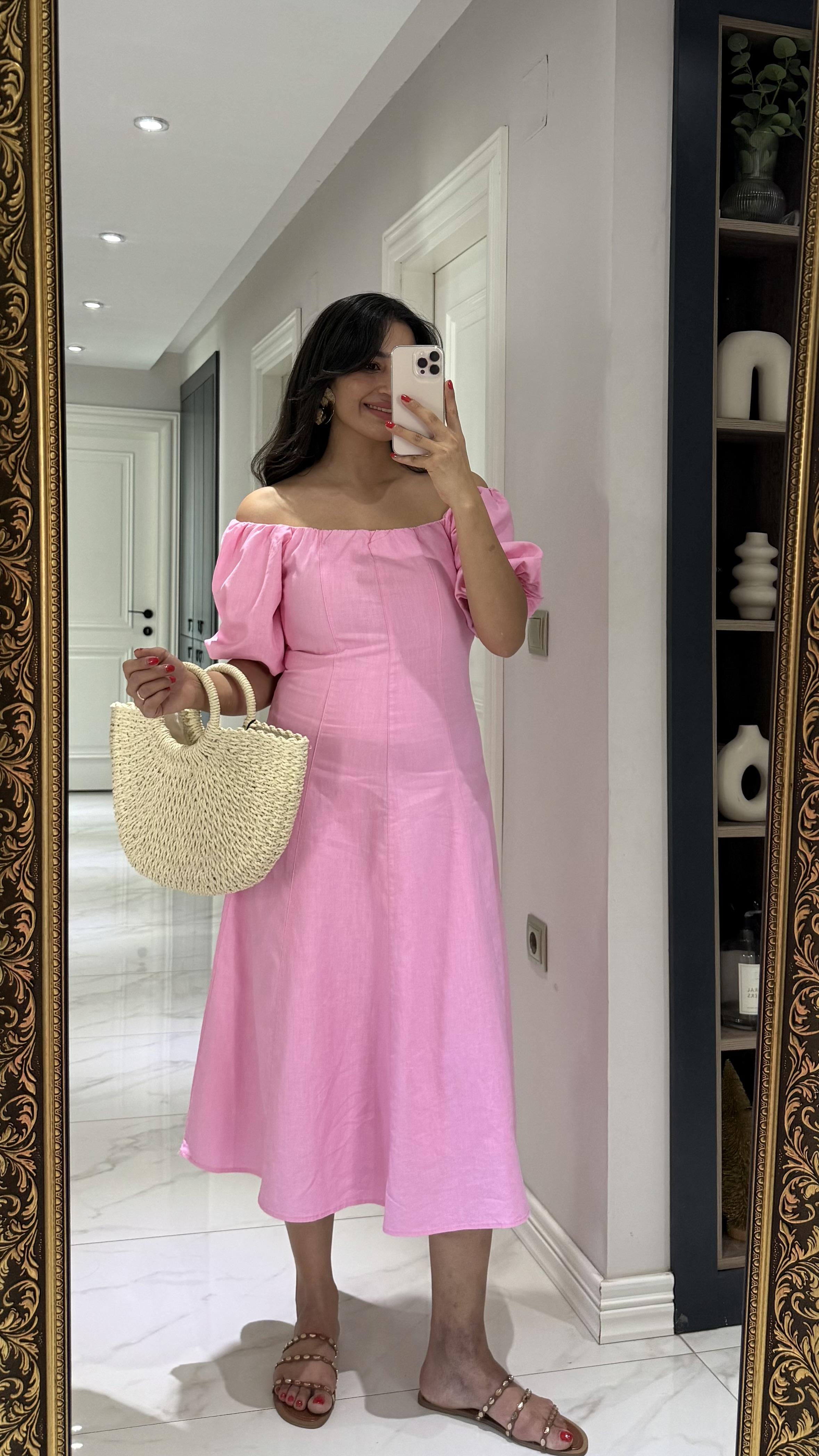 Pembe Keten Astarlı Madonna Yaka Elbise 