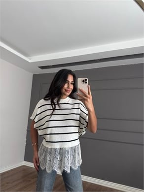Dantel Detaylı Merserize Bluz  Çizgili