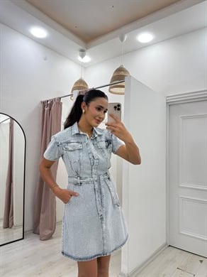 Kuşaklı Denim Elbise 