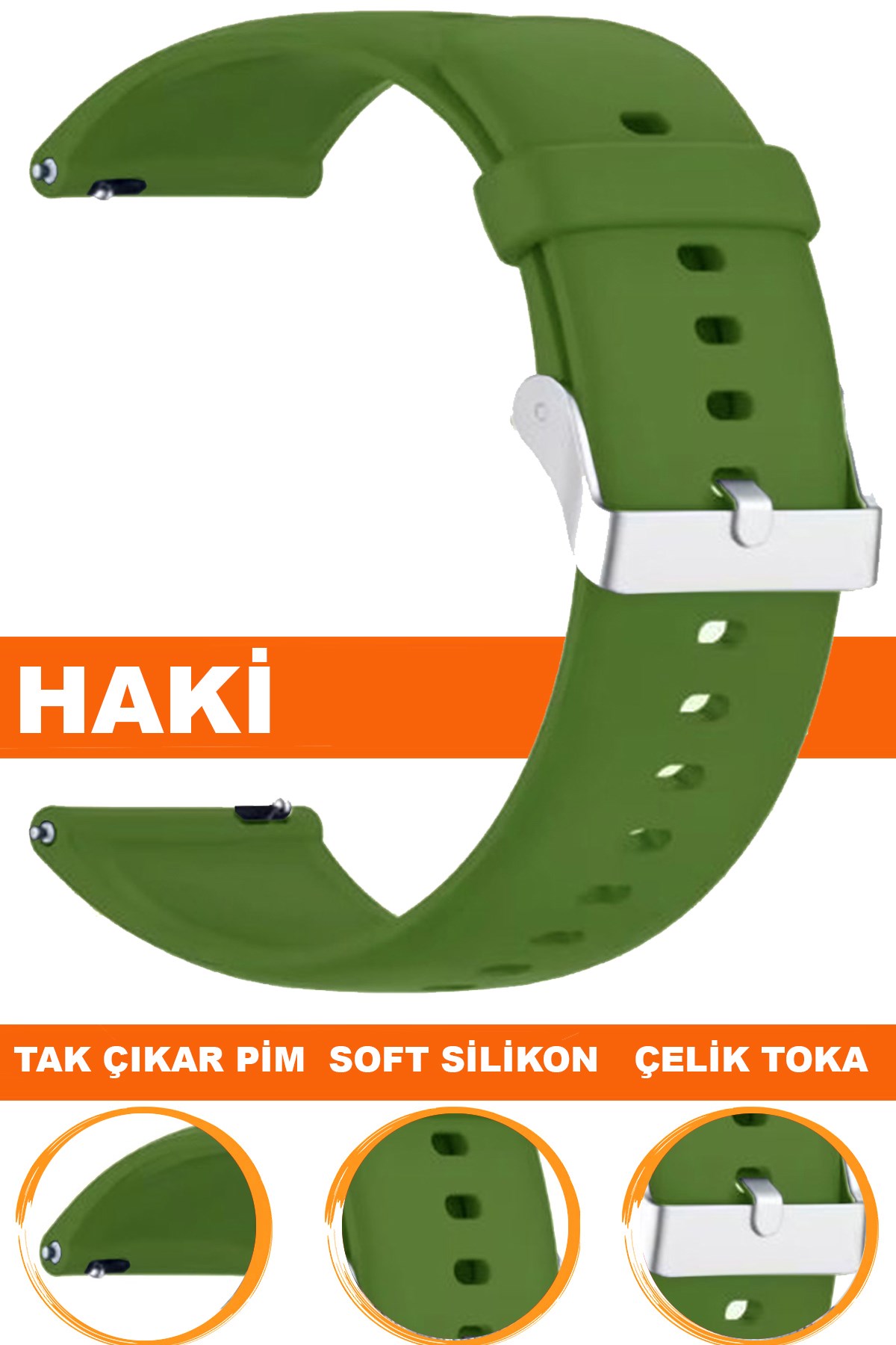 12mm-14mm-16mm-18mm-20mm-22mm Haki Renk Silikon Saat Kordonu Kayışı A72 