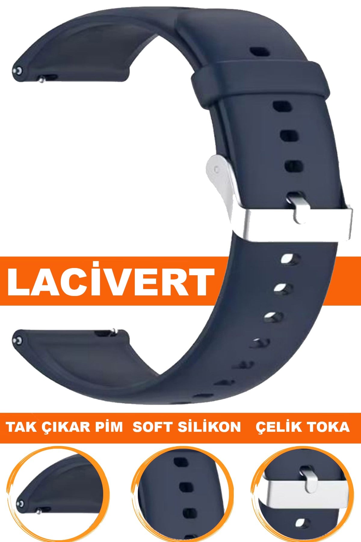 12mm-14mm-16mm-18mm-20mm-22mm Lacivert Renk Silikon Saat Kordonu Kayışı A72 