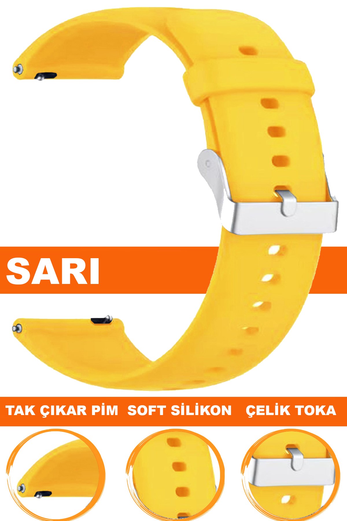12mm-14mm-16mm-18mm-20mm-22mm Sarı Renk Silikon Saat Kordonu Kayışı A72 