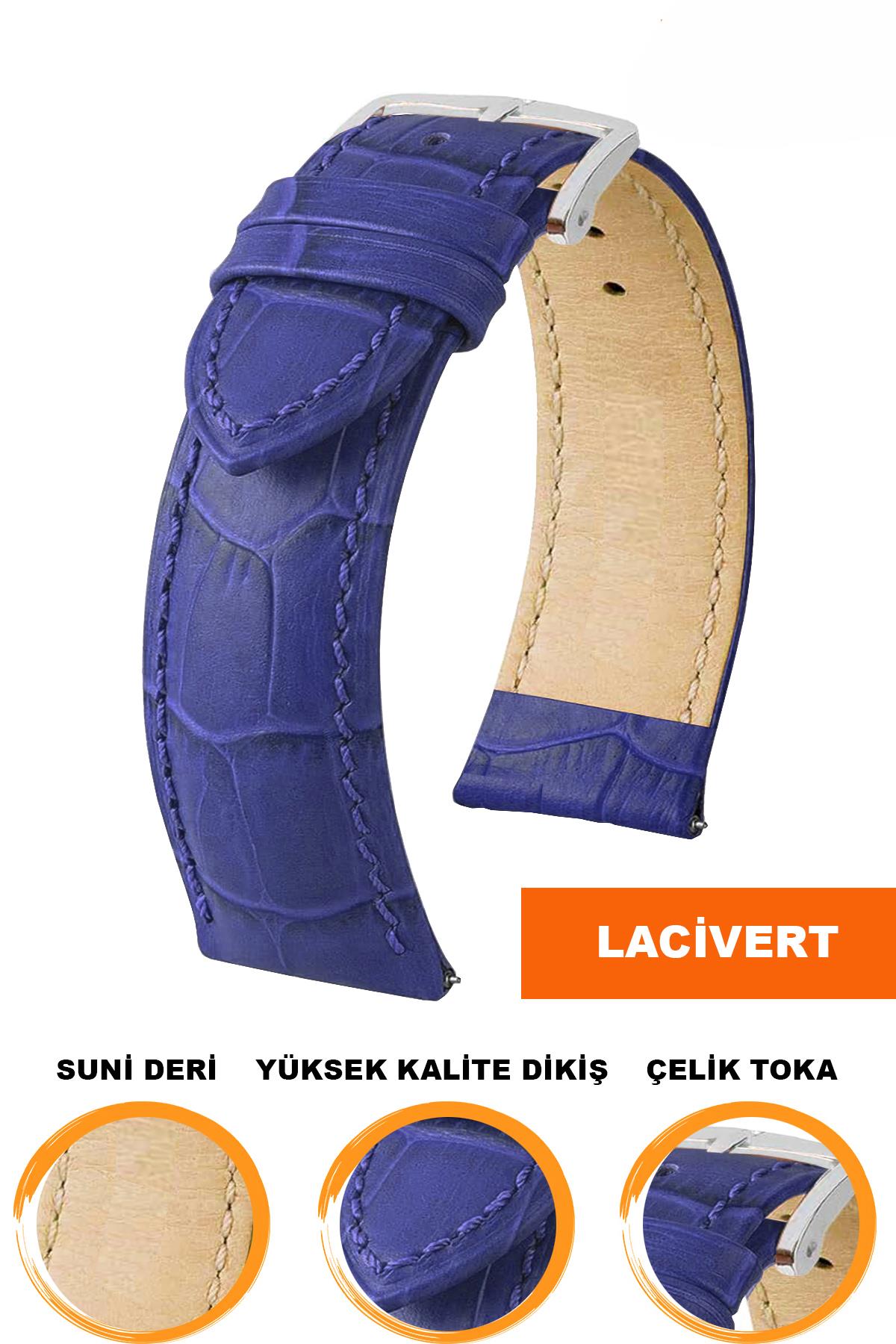 14mm-16mm-18mm-20mm-22mm-24mm-26mm-28mm Lacivert Renk Suni Deri Saat Kordonu Kayışı