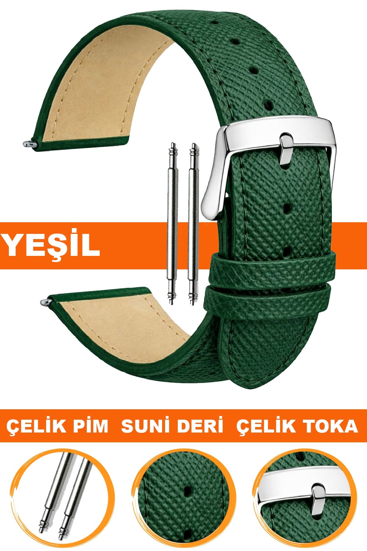 14mm-16mm-18mm-20mm-22mm Baskılı Model Yeşil Renk Suni Deri Saat Kordonu Kayışı