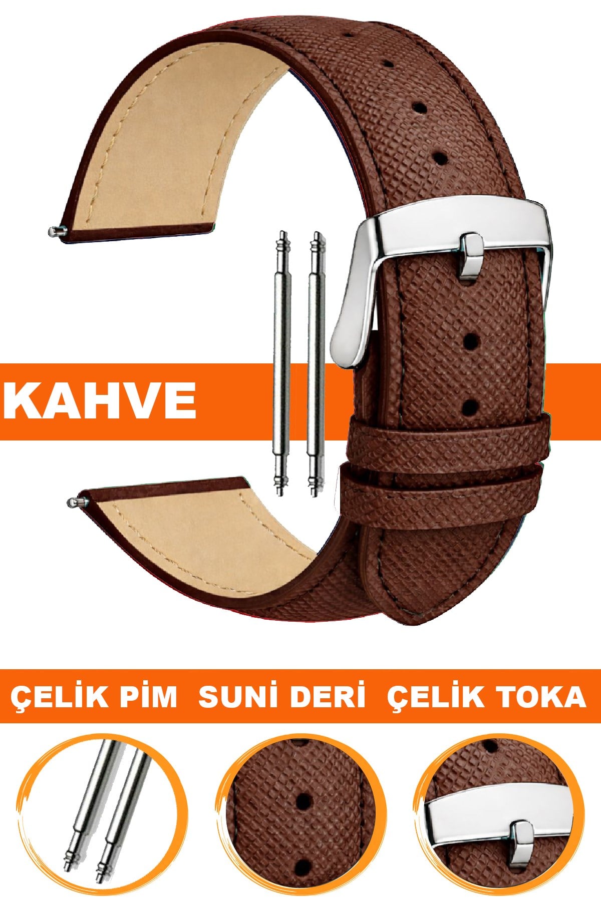 14mm-16mm-18mm-20mm-22mm Baskılı Model Kahverengi Renk Suni Deri Saat Kordonu Kayışı