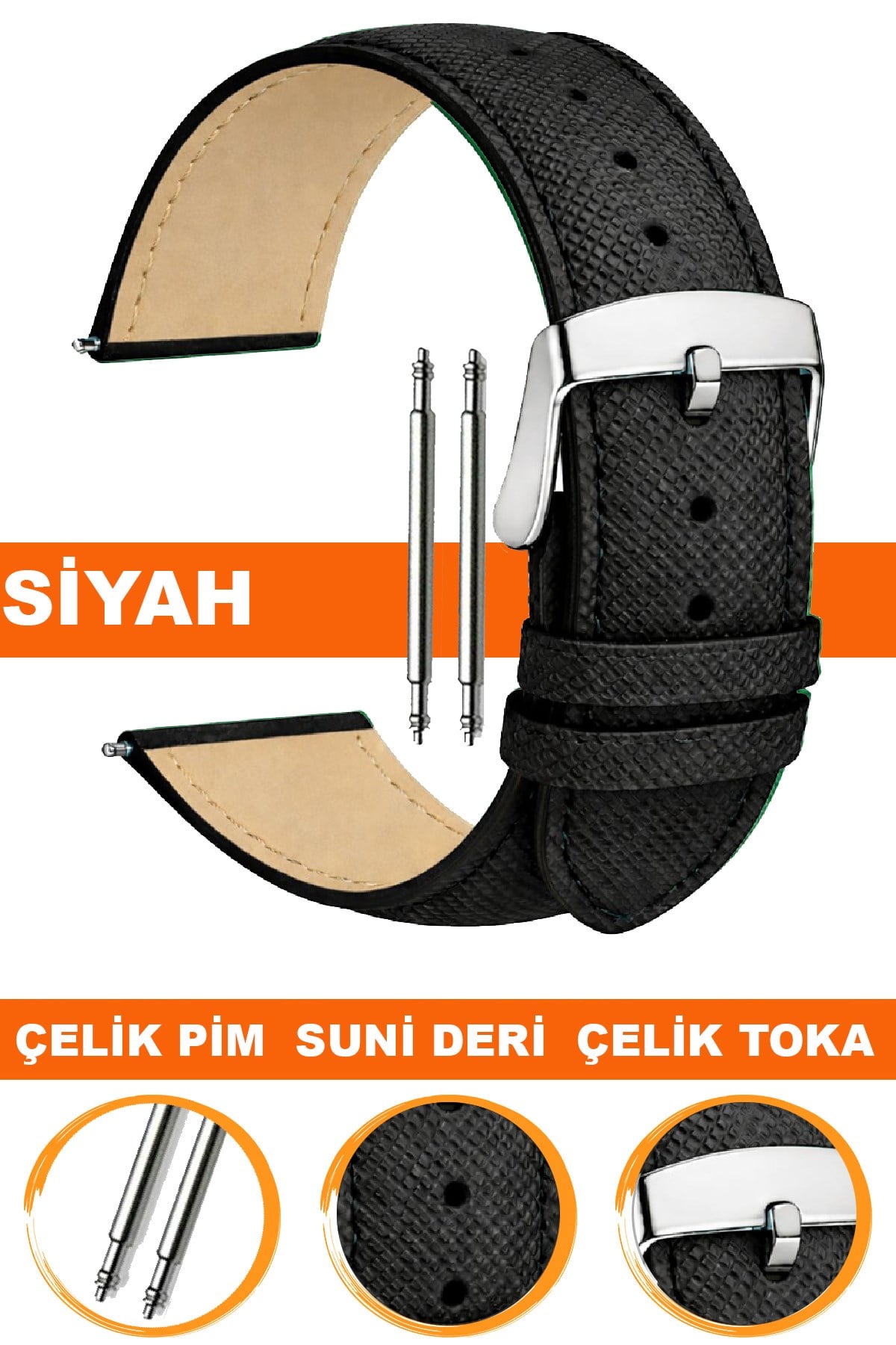 14mm-16mm-18mm-20mm-22mm Baskılı Model Siyah Renk Suni Deri Saat Kordonu Kayışı