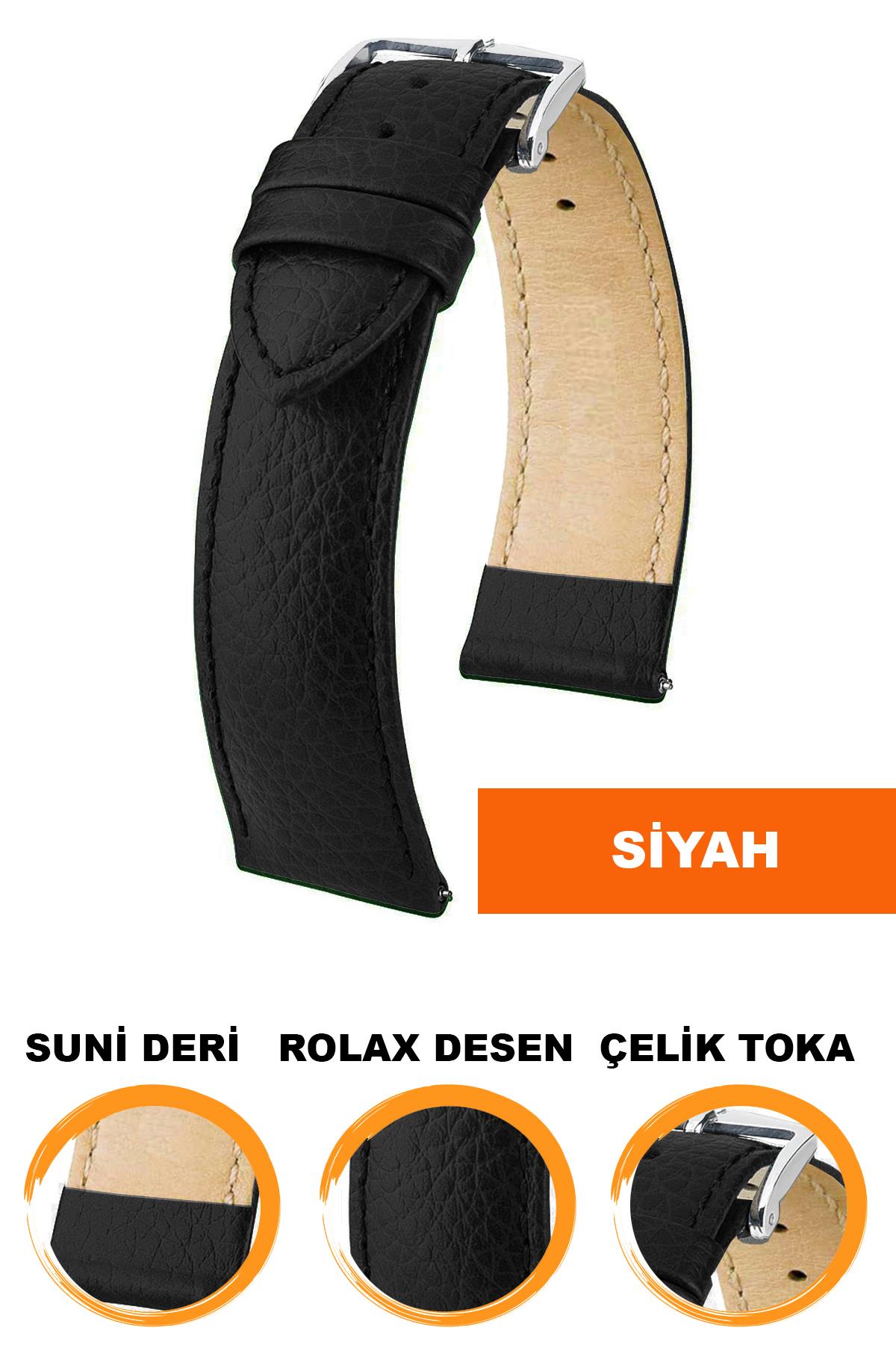 18mm-20mm-22mm-24mm-Rolax Desenli Siyah Renk Suni Deri Saat Kordonu Kayışı