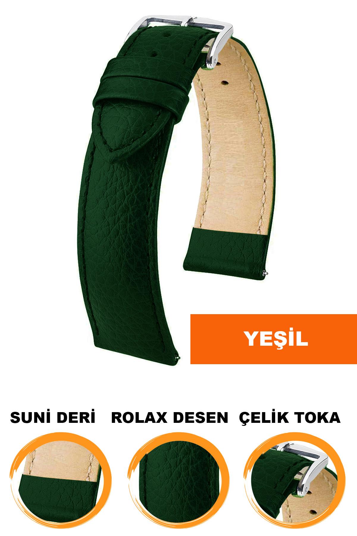 18mm-20mm-22mm-24mm-Rolax Desenli Yeşil Renk Suni Deri Saat Kordonu Kayışı
