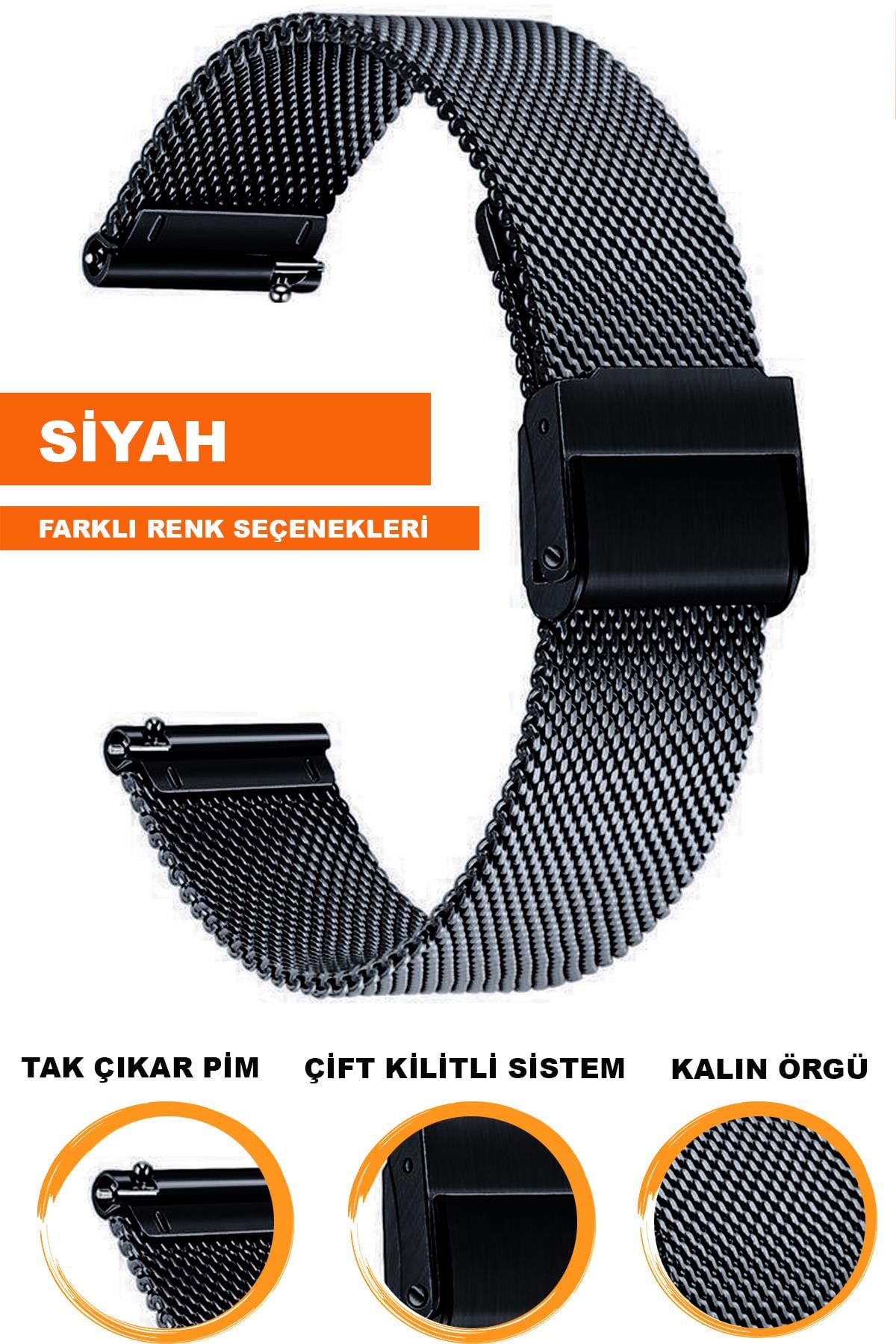 18mm-20mm-22mm-24mm Saat Uyumlu Siyah Renk Paslanmaz Çelik Kalın Hasır Saat Kordonu Kayışı M16KH