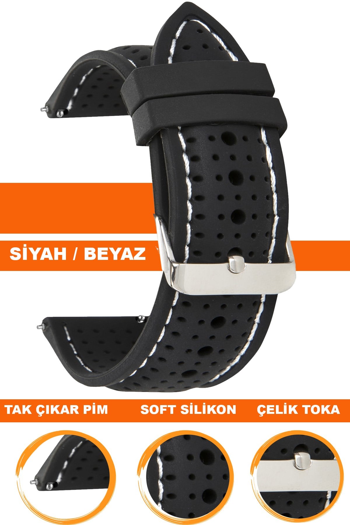 18mm-20mm-22mm-24mm Siyah-Beyaz Dikişli Renk Silikon Saat Kordonu Kayışı S26