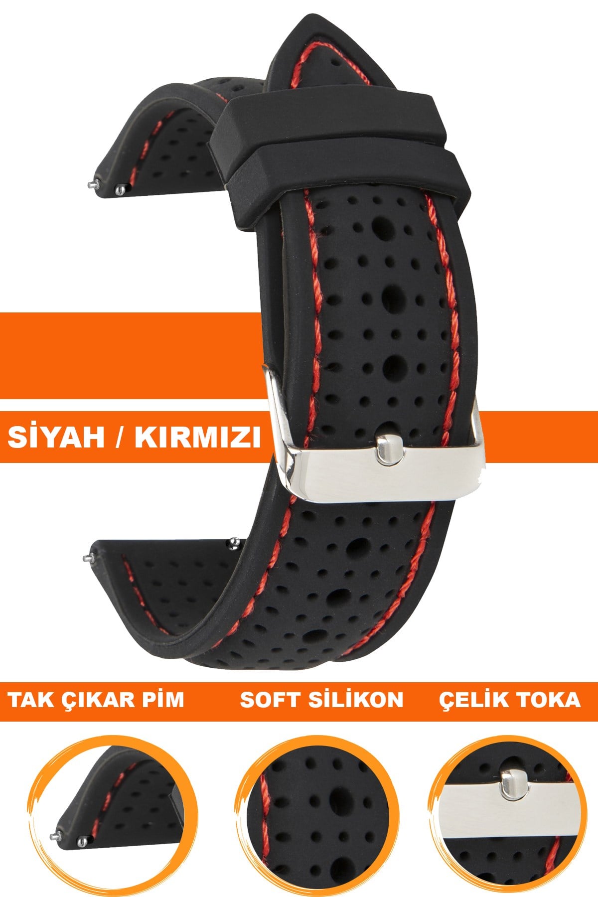 18mm-20mm-22mm-24mm Siyah-Kırmızı Dikişli Renk Silikon Saat Kordonu Kayışı S26