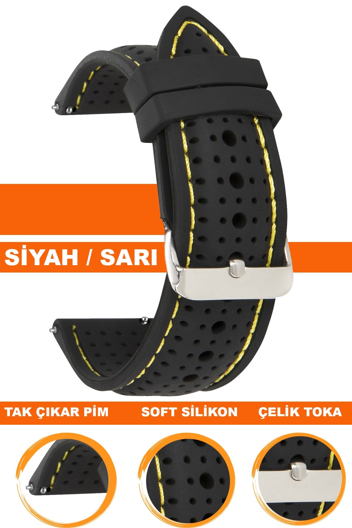 18mm-20mm-22mm-24mm Siyah-Sarı Dikişli Renk Silikon Saat Kordonu Kayışı S26