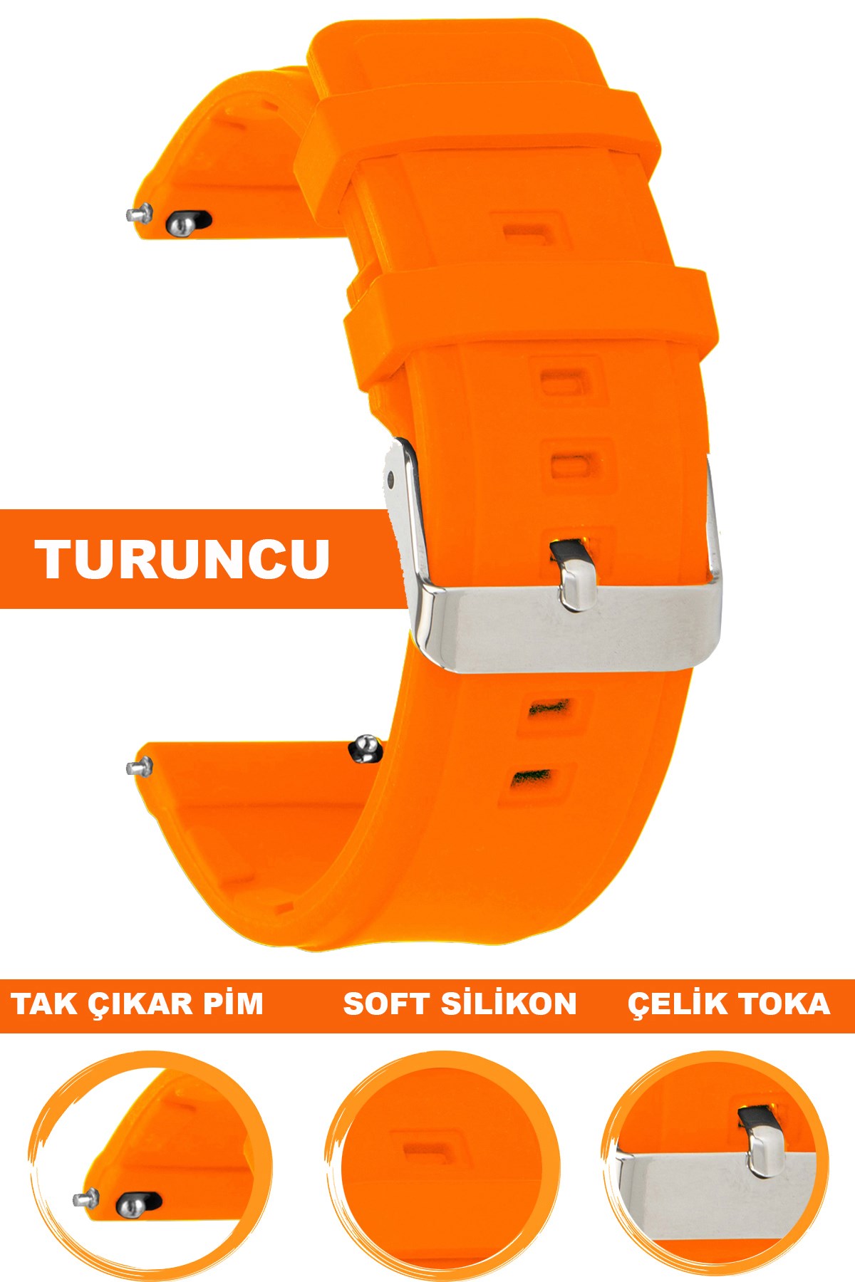 18mm-20mm-22mm-24mm Turuncu Renk Silikon Saat Kordonu Kayışı M02