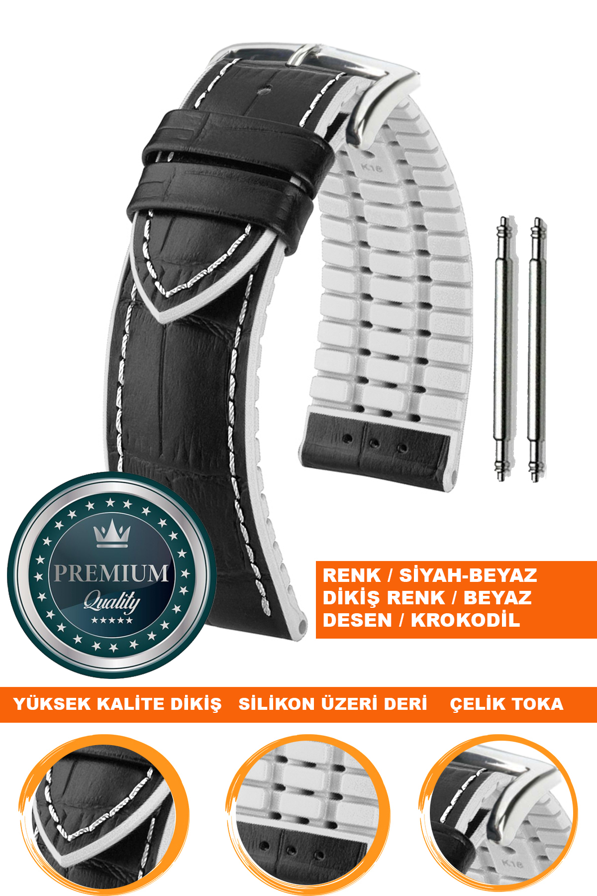 20mm-22mm-24mm Saat Uyumlu Beyaz Renk Üzeri Siyah Renk Kroko Desenli Deri Silikon Saat Kordonu Kayışı LS35KRK-G