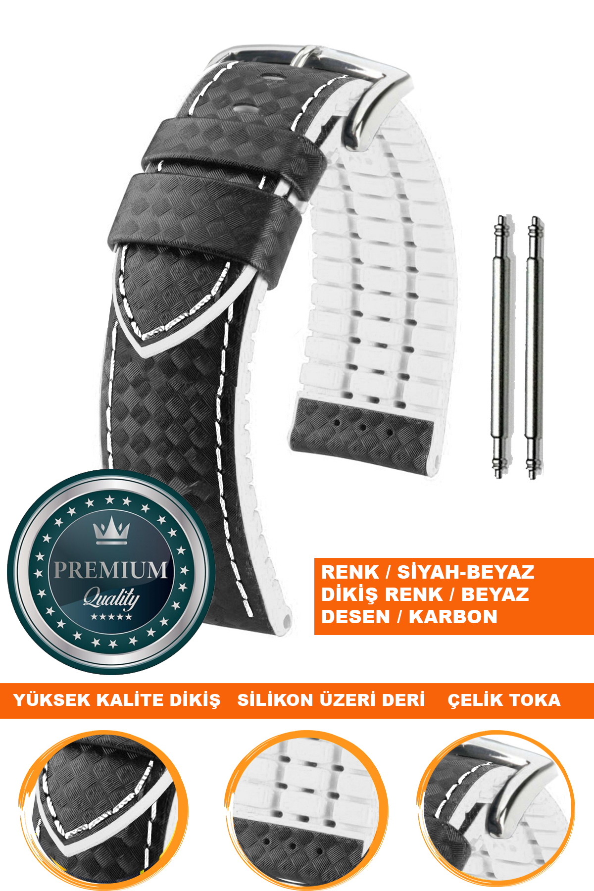 20mm-22mm-24mm Saat Uyumlu Beyaz Üzeri Siyah Renk Karbon Desenli Deri Silikon Saat Kordonu Kayışı LS35