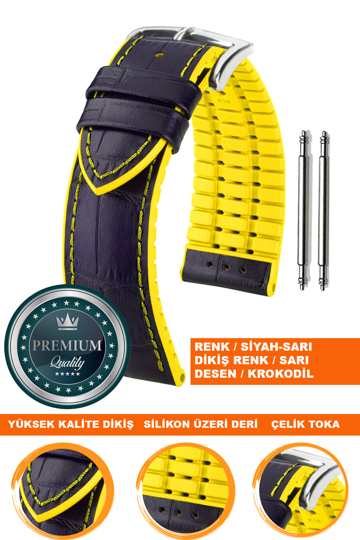 20mm-22mm-24mm Saat Uyumlu Sarı Renk Üzeri Siyah Renk Kroko Desenli Deri Silikon Saat Kordonu Kayışı LS35KRK-G