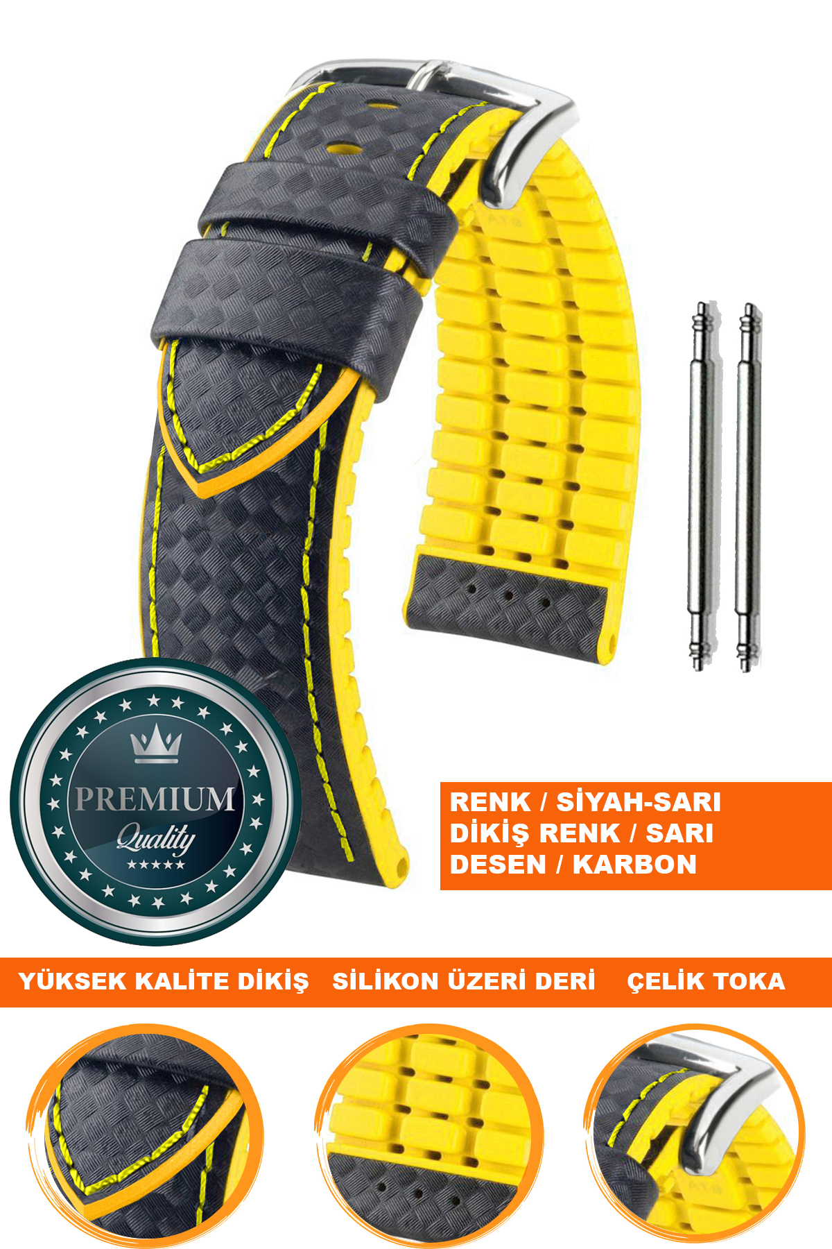 20mm-22mm-24mm Saat Uyumlu Sarı Üzeri Siyah Renk Karbon Desenli Deri Silikon Saat Kordonu Kayışı LS35