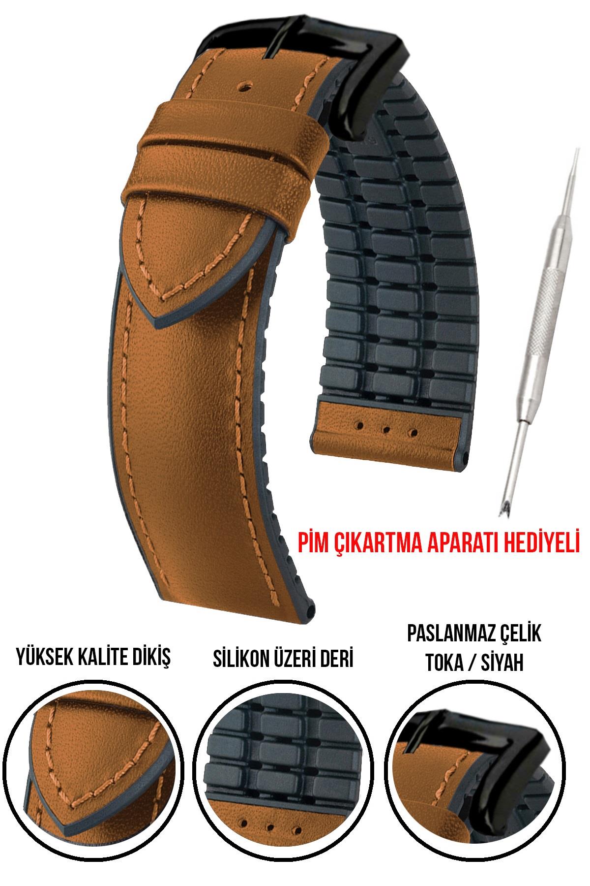 20mm-22mm-24mm Saat Uyumlu Siyah Renk Üzeri Taba Renk Klasik Model Deri Silikon Saat Kordonu Kayışı LS35KLS-S